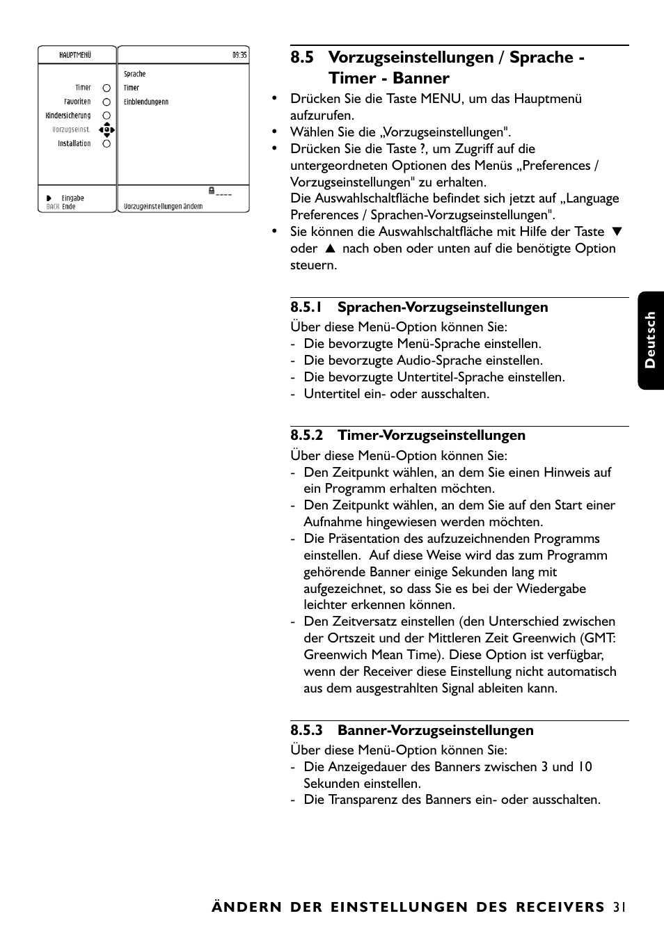 5vorzugseinstellungen / sprache - timer - banner | Philips DTR1000 User Manual | Page 105 / 152