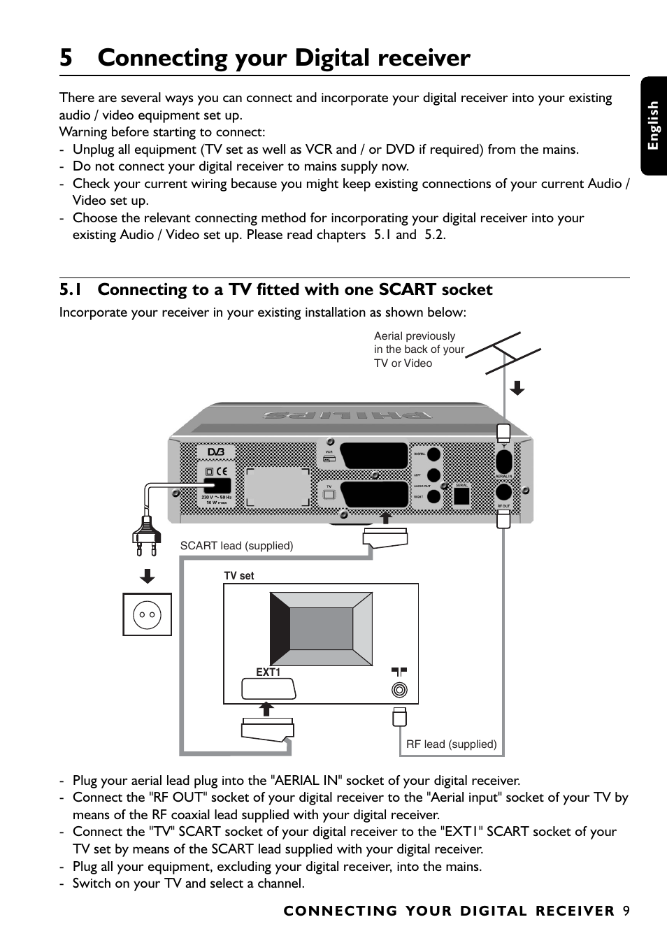 5 connecting your digital receiver, 1 connecting to a tv fitted with one scart socket | Philips DTR1000 User Manual | Page 11 / 152