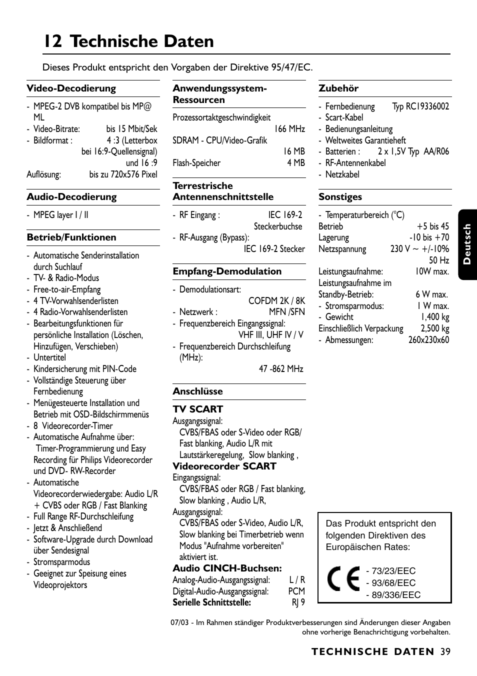 12 technische daten | Philips DTR1000 User Manual | Page 113 / 152