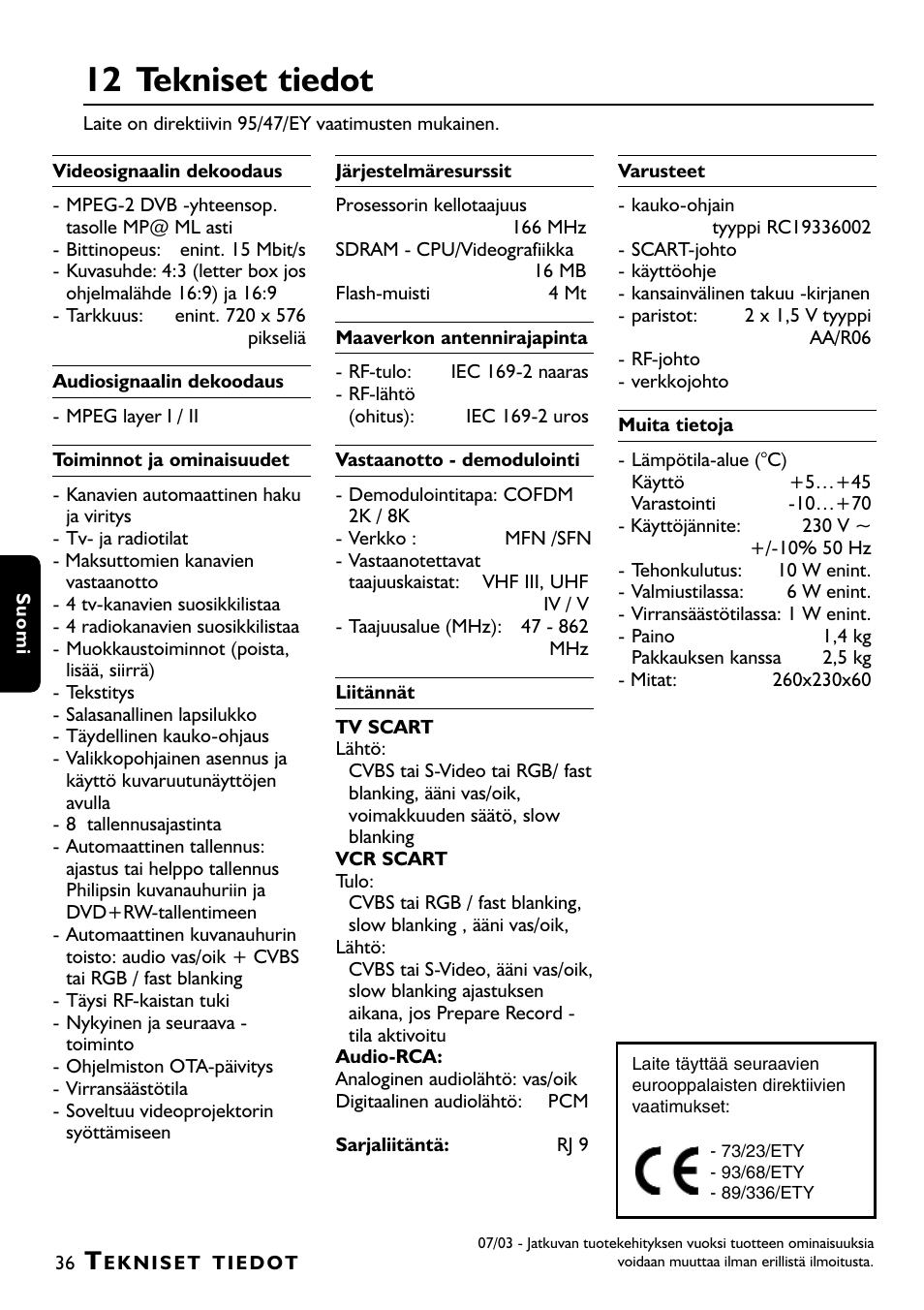 12 tekniset tiedot | Philips DTR1000 User Manual | Page 150 / 152