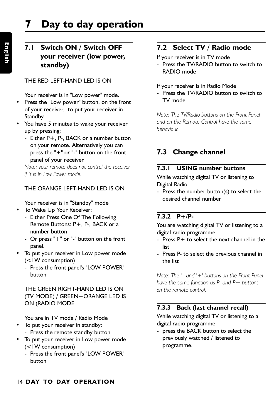 7 day to day operation, 2 select tv / radio mode, 3 change channel | Philips DTR1000 User Manual | Page 16 / 152