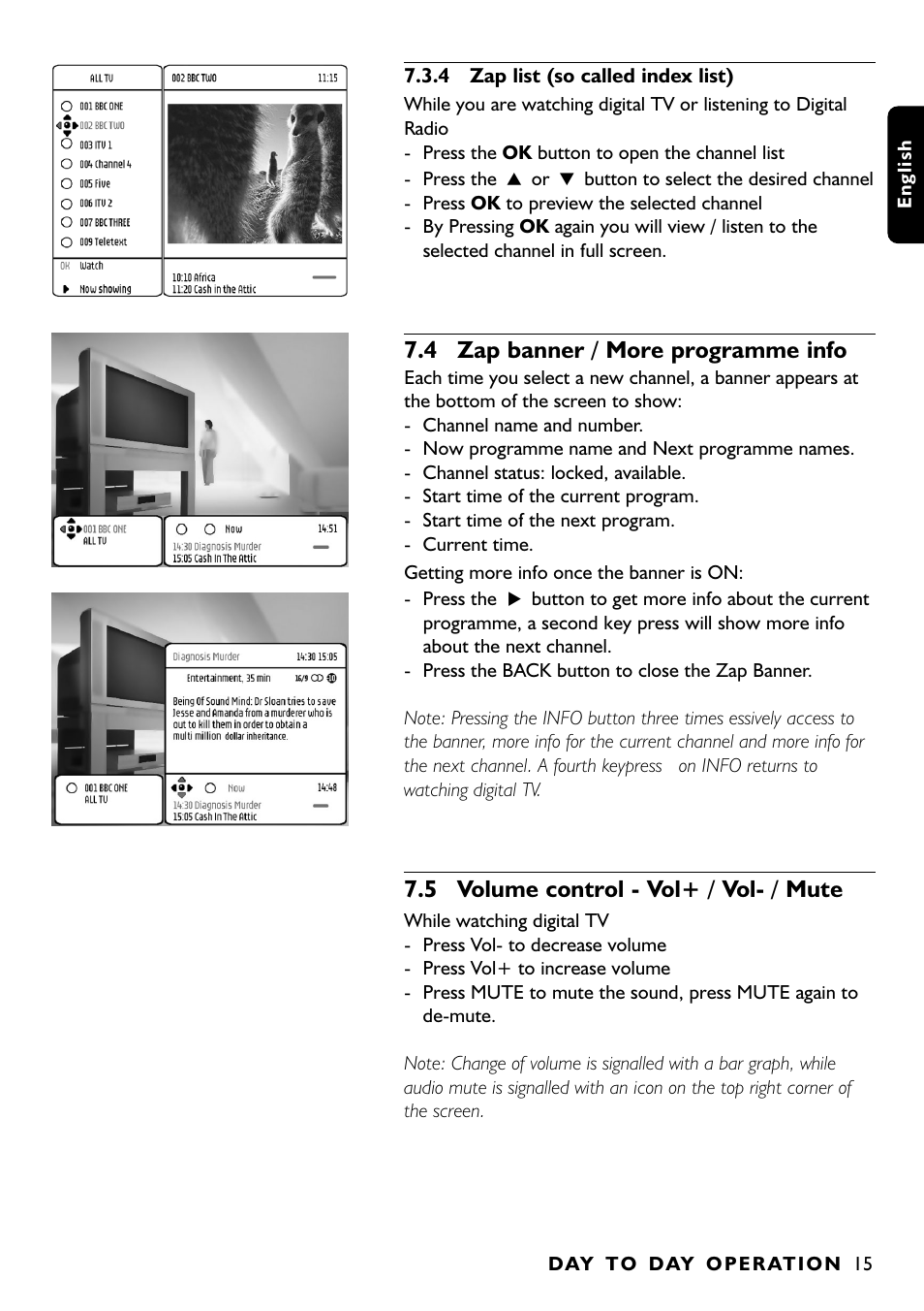 4 zap banner / more programme info, 5 volume control - vol+ / vol- / mute | Philips DTR1000 User Manual | Page 17 / 152