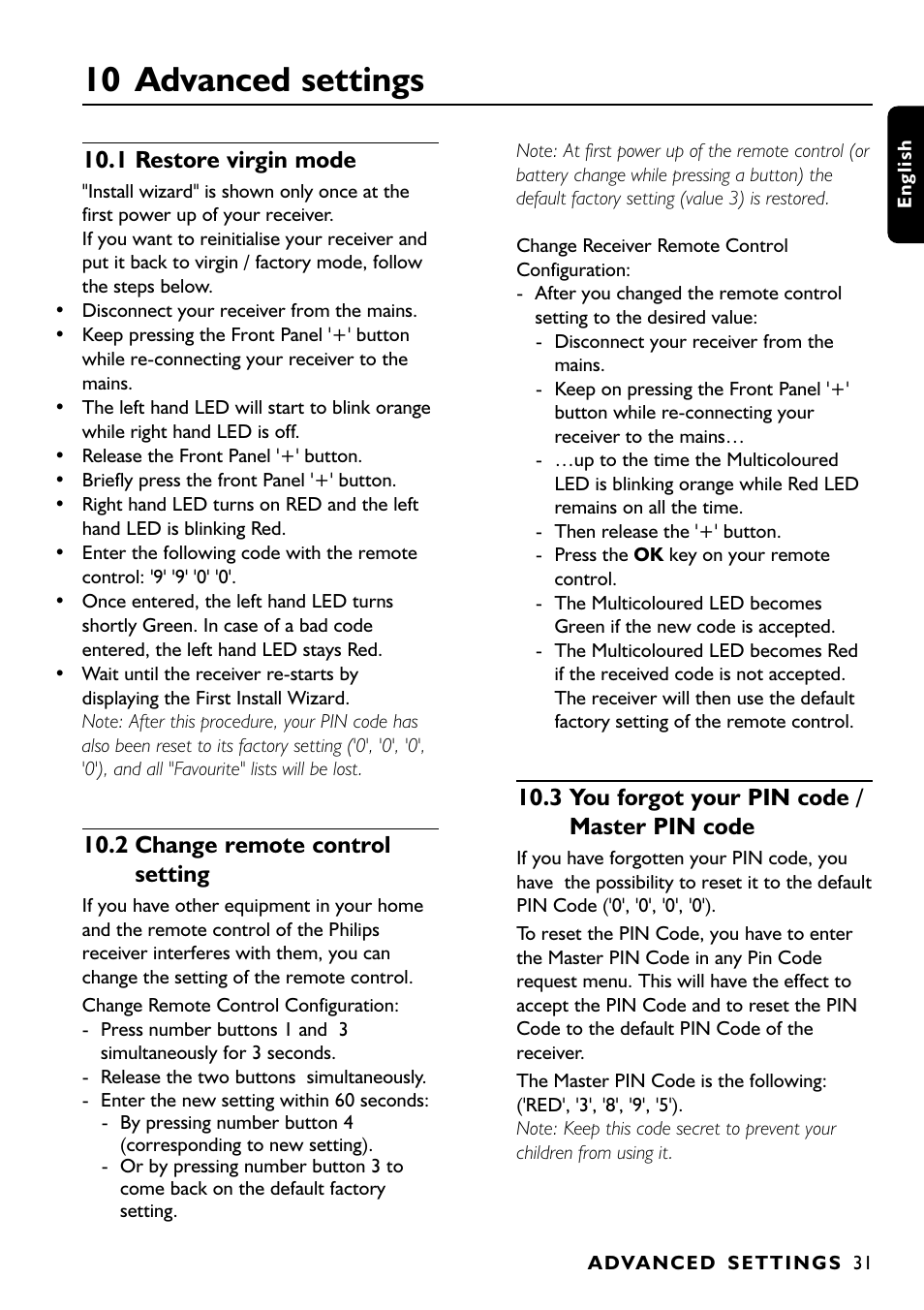 10 advanced settings, 1 restore virgin mode, 2 change remote control setting | 3 you forgot your pin code / master pin code | Philips DTR1000 User Manual | Page 33 / 152