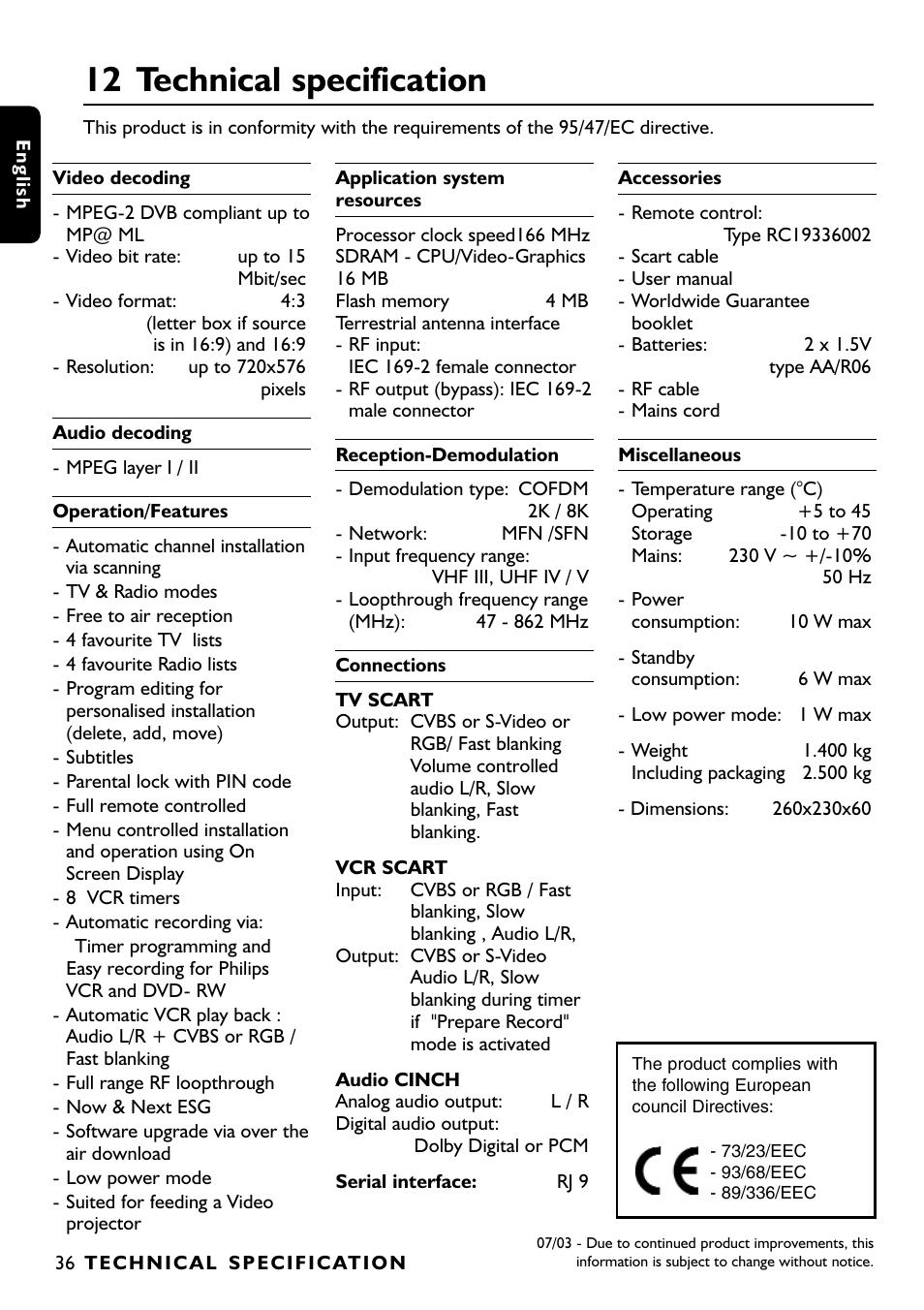 12 technical specification | Philips DTR1000 User Manual | Page 38 / 152