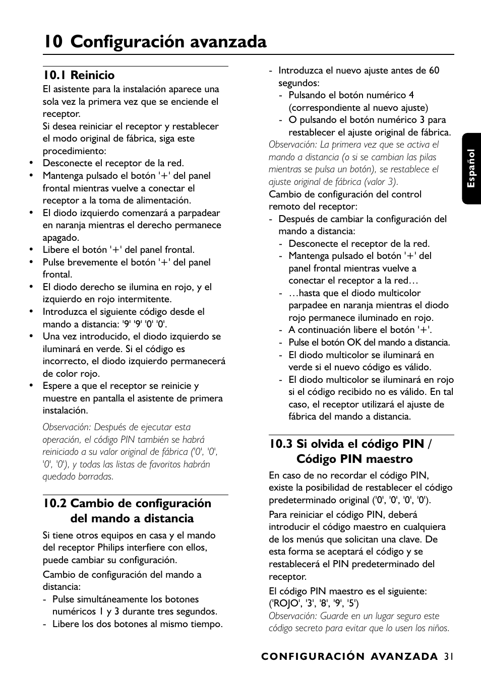 10 configuración avanzada, 1 reinicio, 2 cambio de configuración del mando a distancia | 3 si olvida el código pin / código pin maestro | Philips DTR1000 User Manual | Page 69 / 152