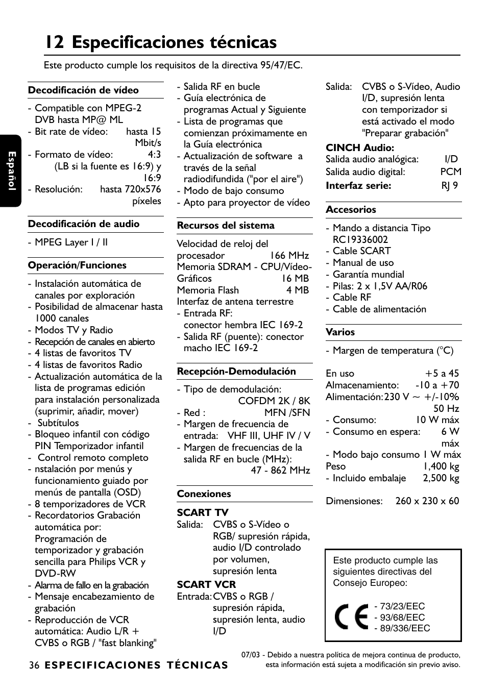 12 especificaciones técnicas | Philips DTR1000 User Manual | Page 74 / 152