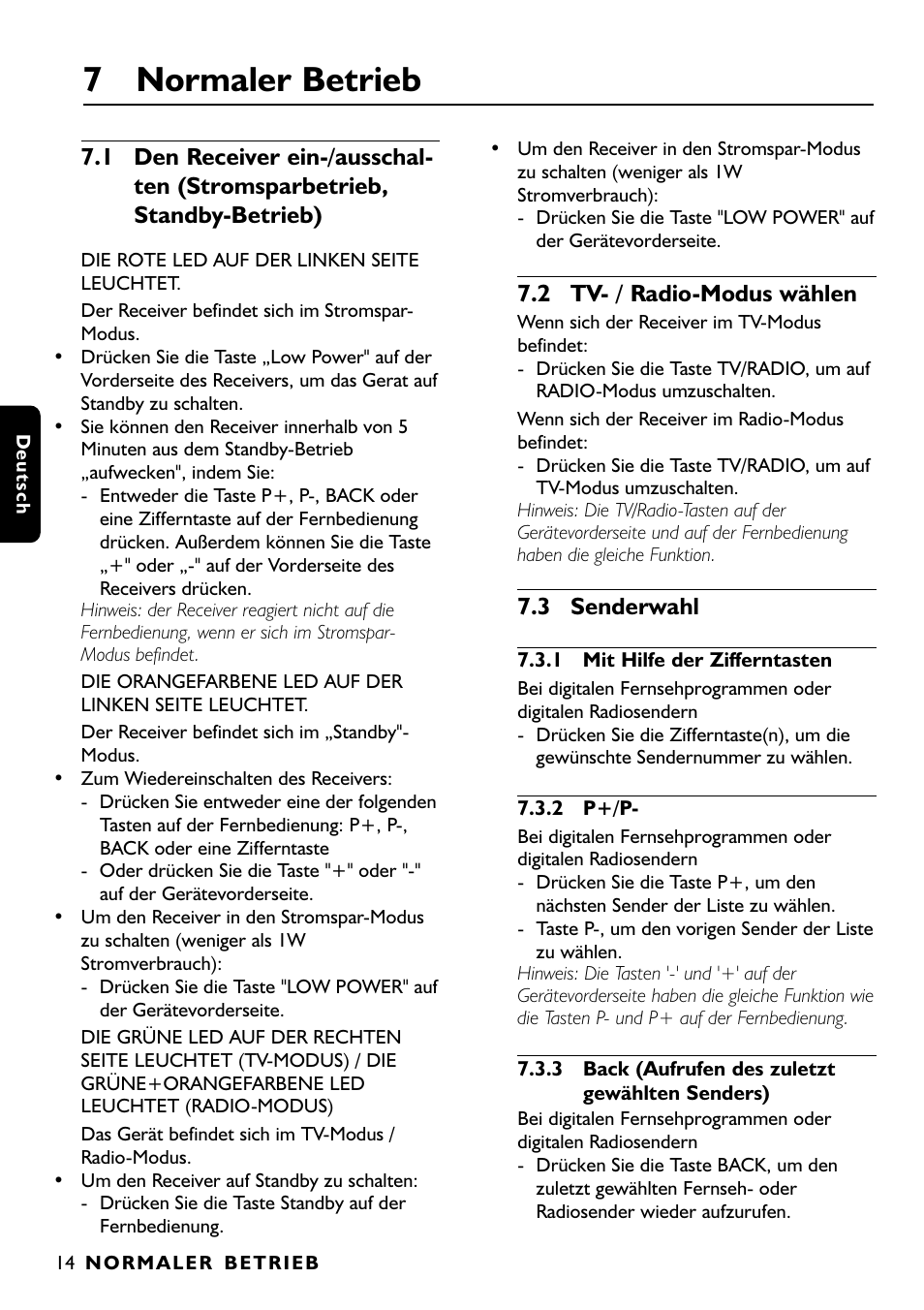 7 normaler betrieb, 2 tv- / radio-modus wählen, 3 senderwahl | Philips DTR1000 User Manual | Page 88 / 152