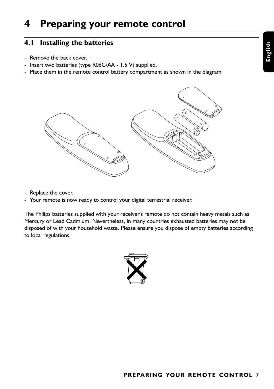 4 preparing your remote control | Philips DTR1000 User Manual | Page 9 / 152