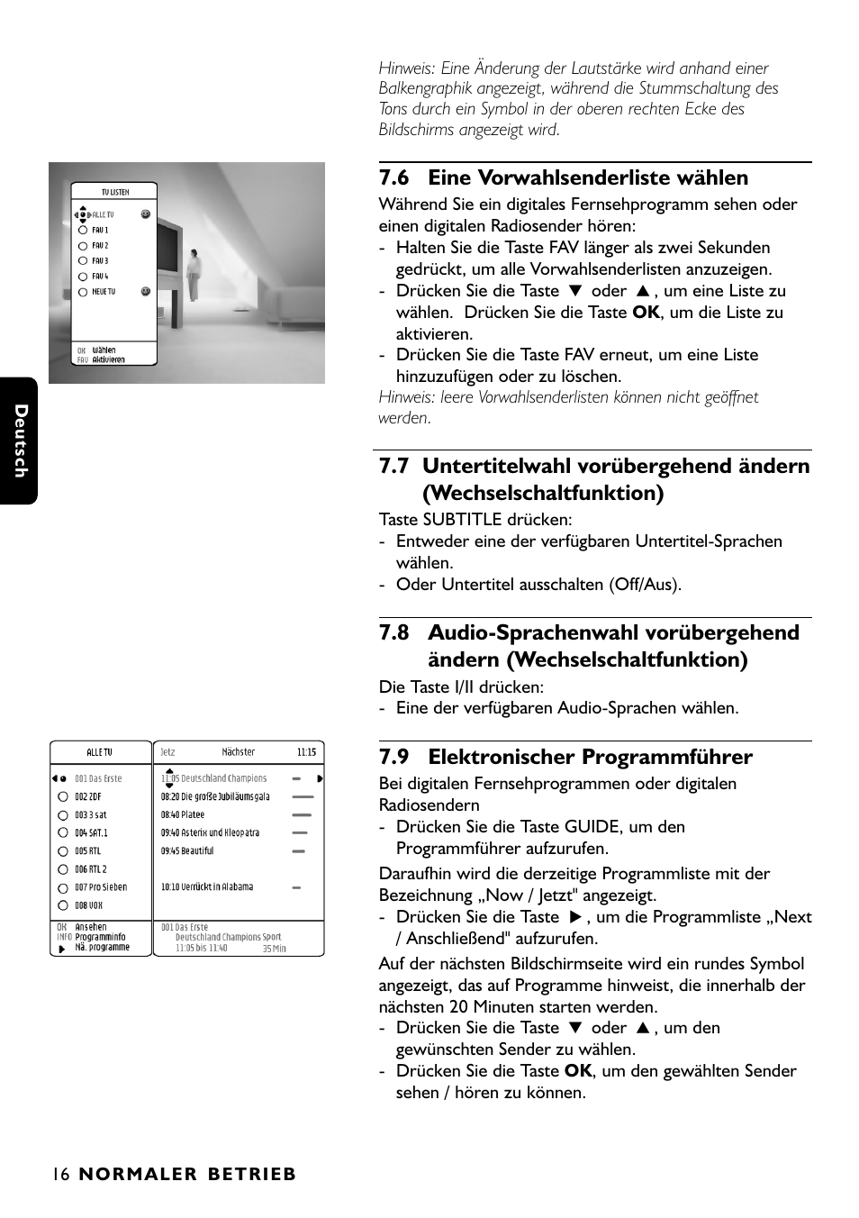 6 eine vorwahlsenderliste wählen, 9 elektronischer programmführer | Philips DTR1000 User Manual | Page 90 / 152