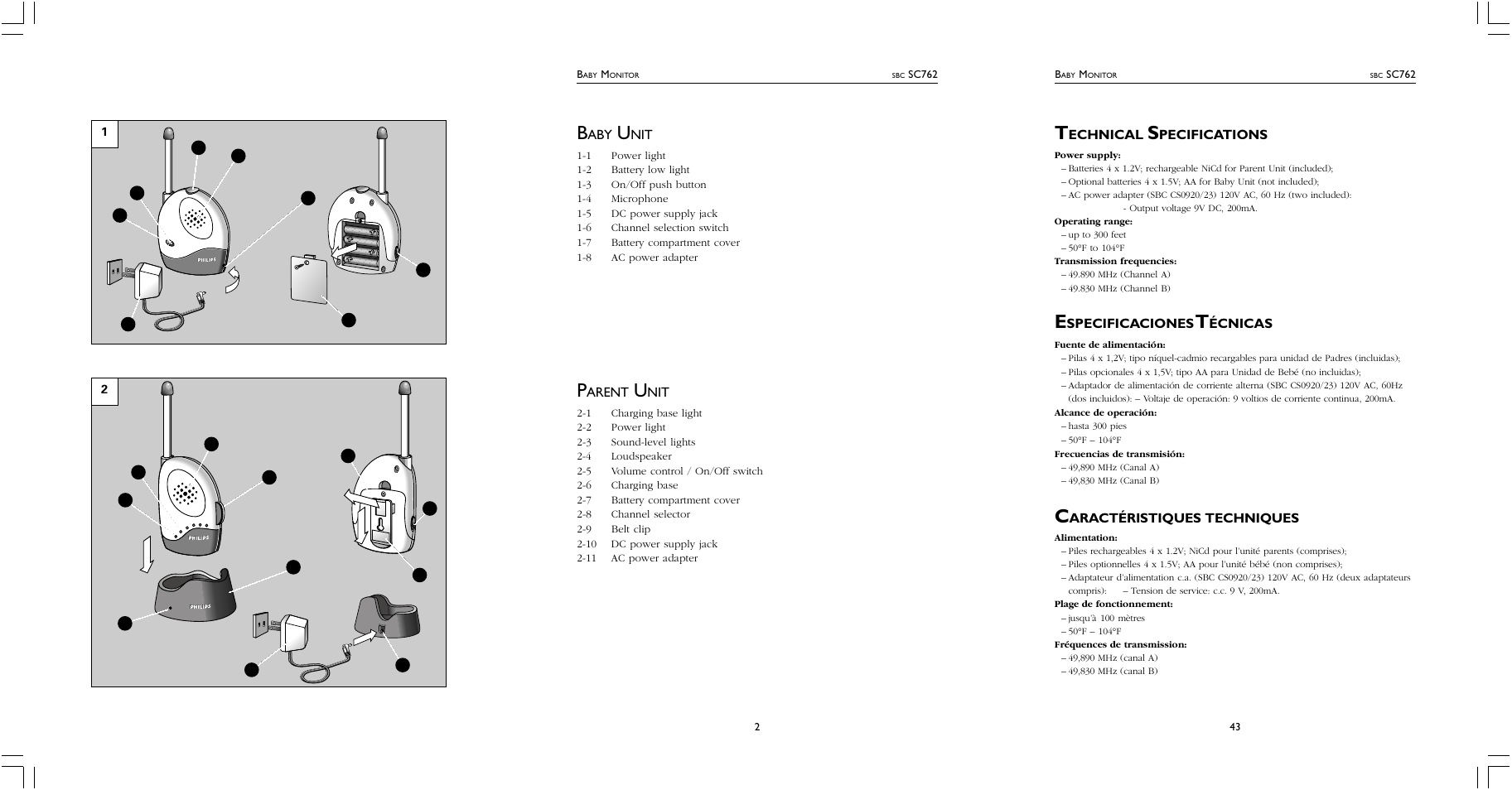 Arent, Echnical, Pecifications | Specificaciones, Écnicas, Aractéristiques, Techniques | Philips SBC SC762 User Manual | Page 2 / 2