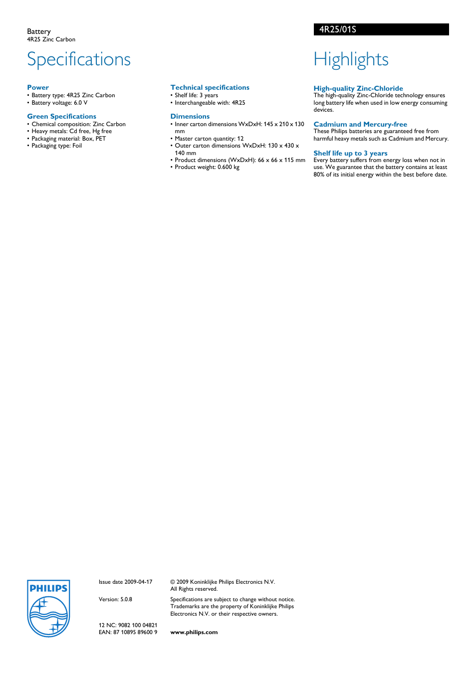 Specifications, Highlights | Philips LongLife 4R25 User Manual | Page 2 / 2