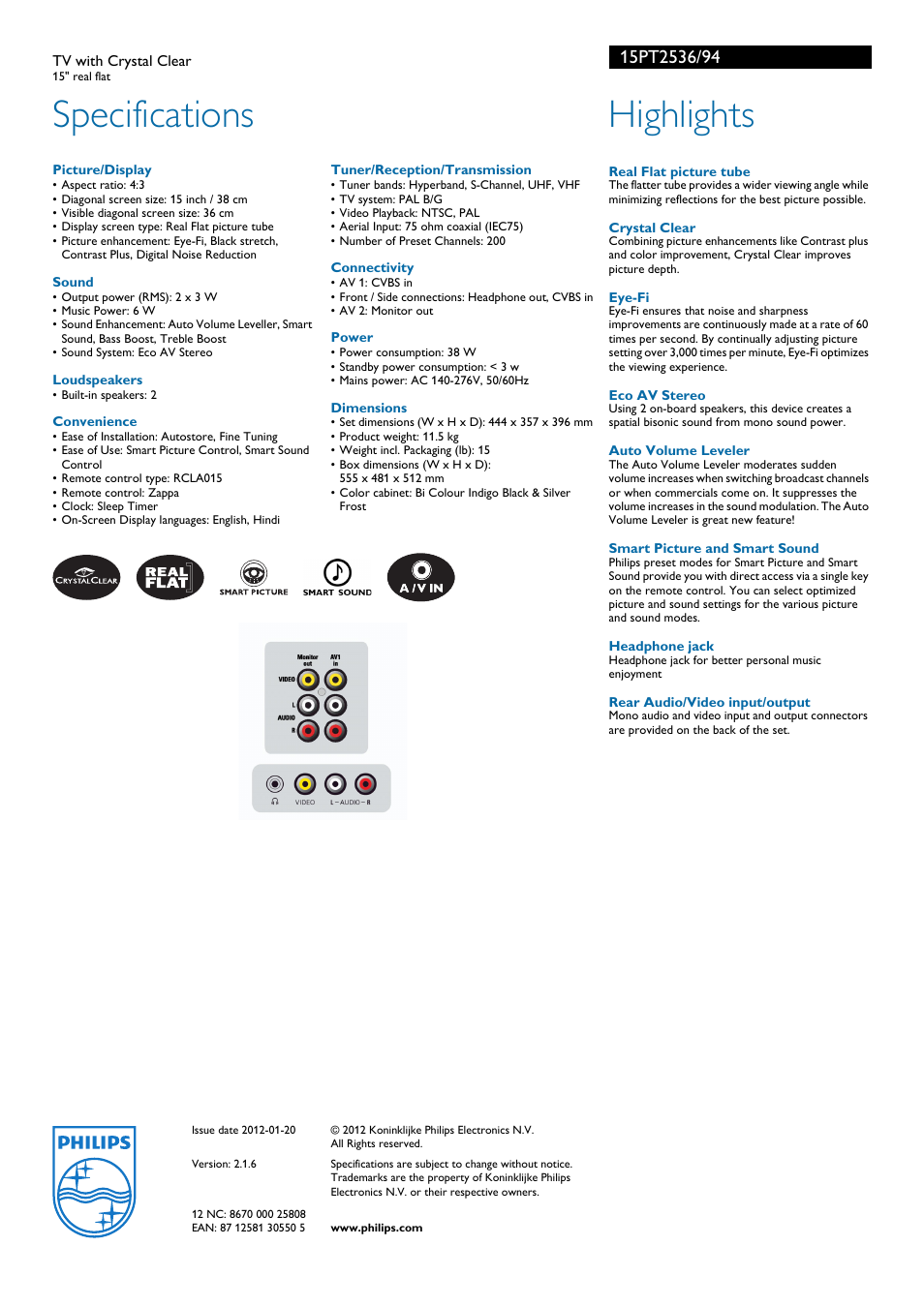 Specifications, Highlights | Philips 15PT2536 User Manual | Page 2 / 2