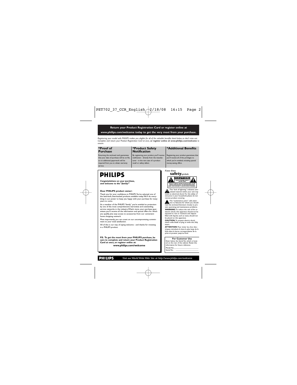 Safety, Proof of purchase, Product safety notification | Additional benefits | Philips PET702/37 User Manual | Page 2 / 37