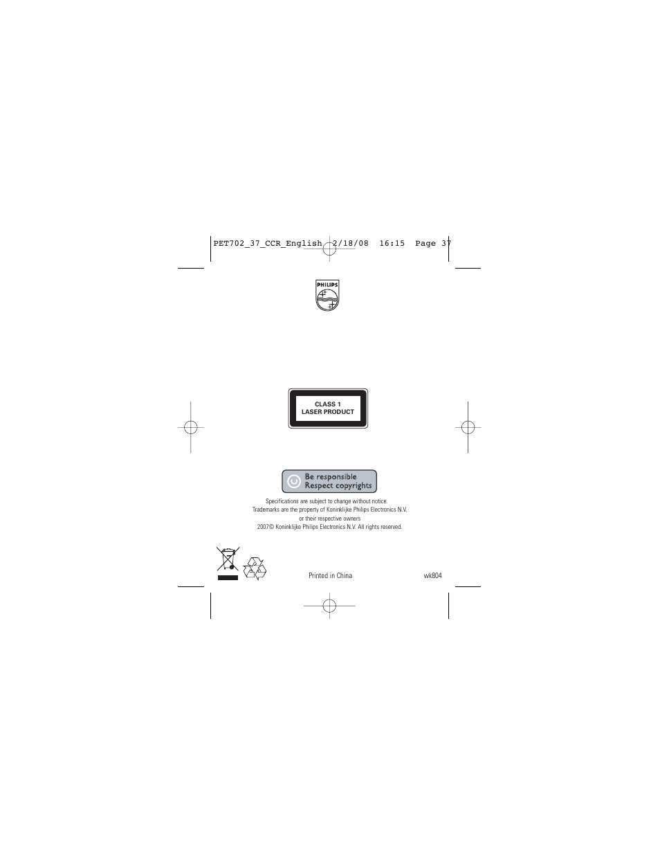 Philips PET702/37 User Manual | Page 37 / 37