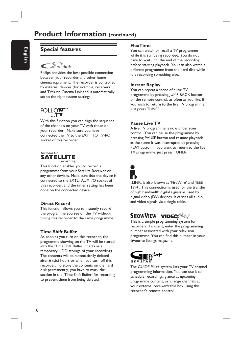 Product information, Special features | Philips DVDR7310H User Manual | Page 10 / 98