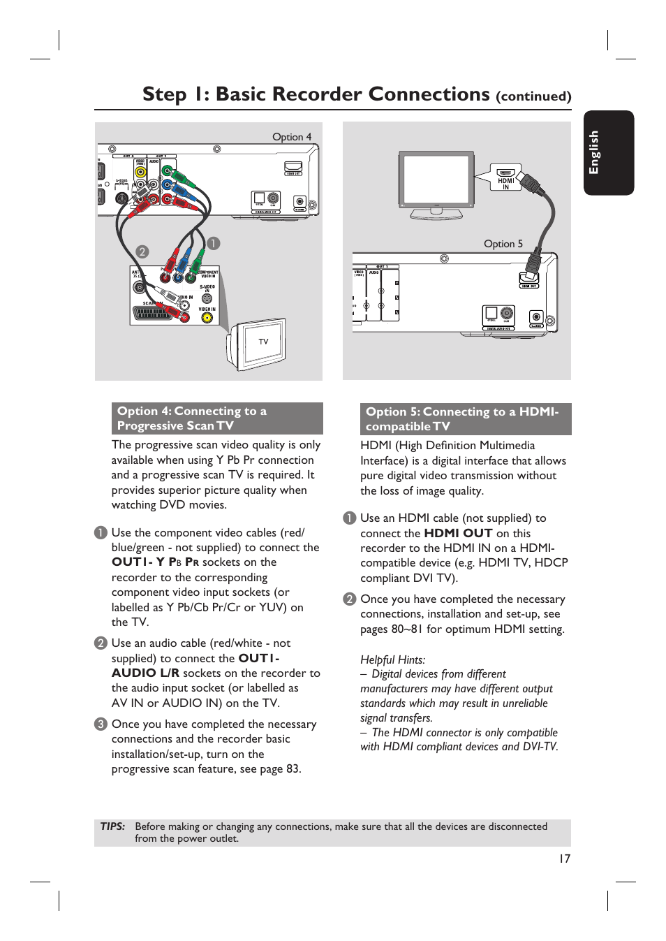 Step 1: basic recorder connections | Philips DVDR7310H User Manual | Page 17 / 98