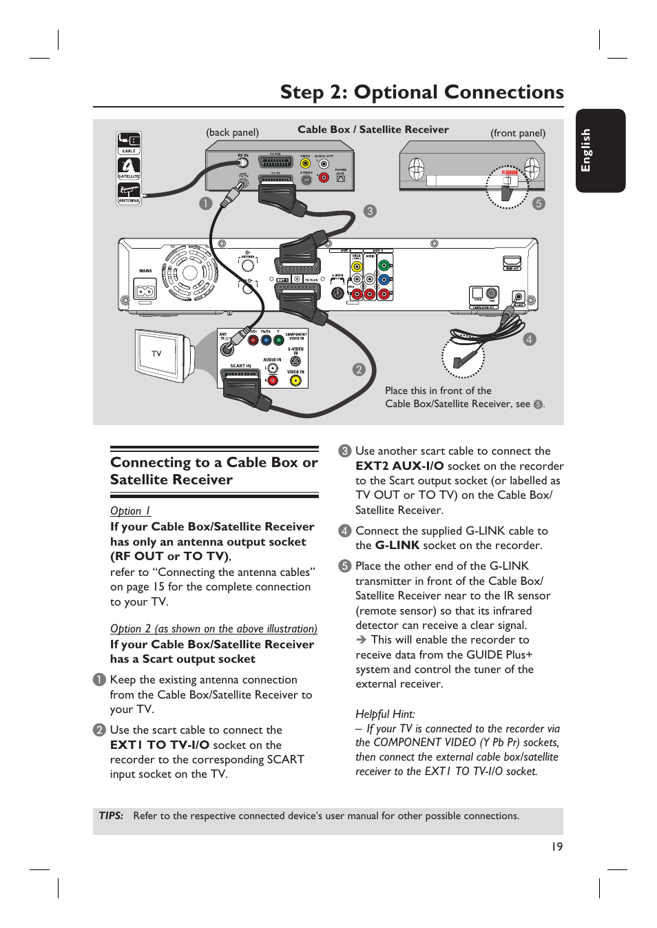Step 2: optional connections, Connecting to a cable box or satellite receiver | Philips DVDR7310H User Manual | Page 19 / 98