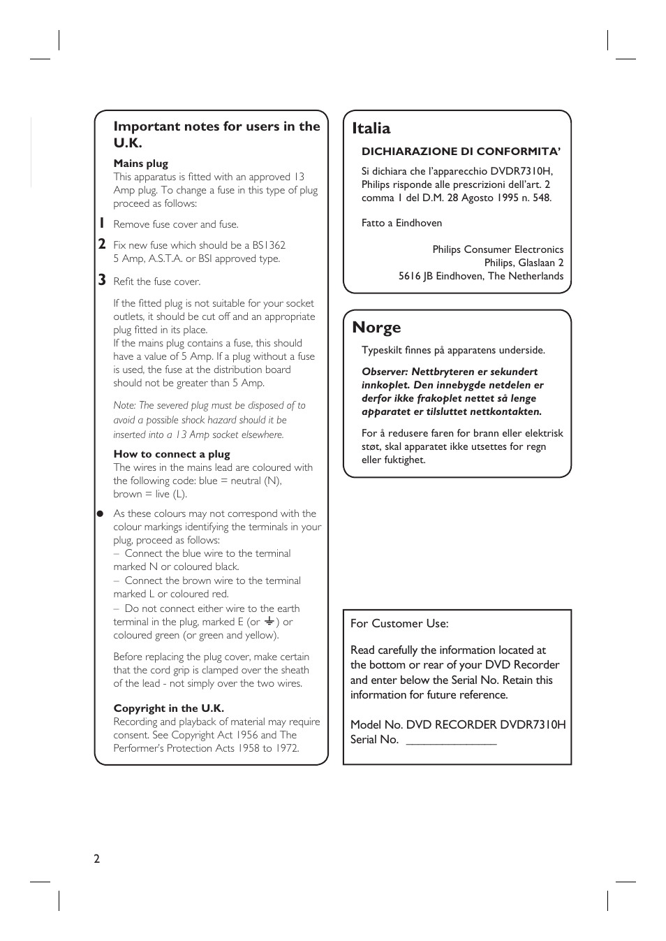 Norge, Italia | Philips DVDR7310H User Manual | Page 2 / 98