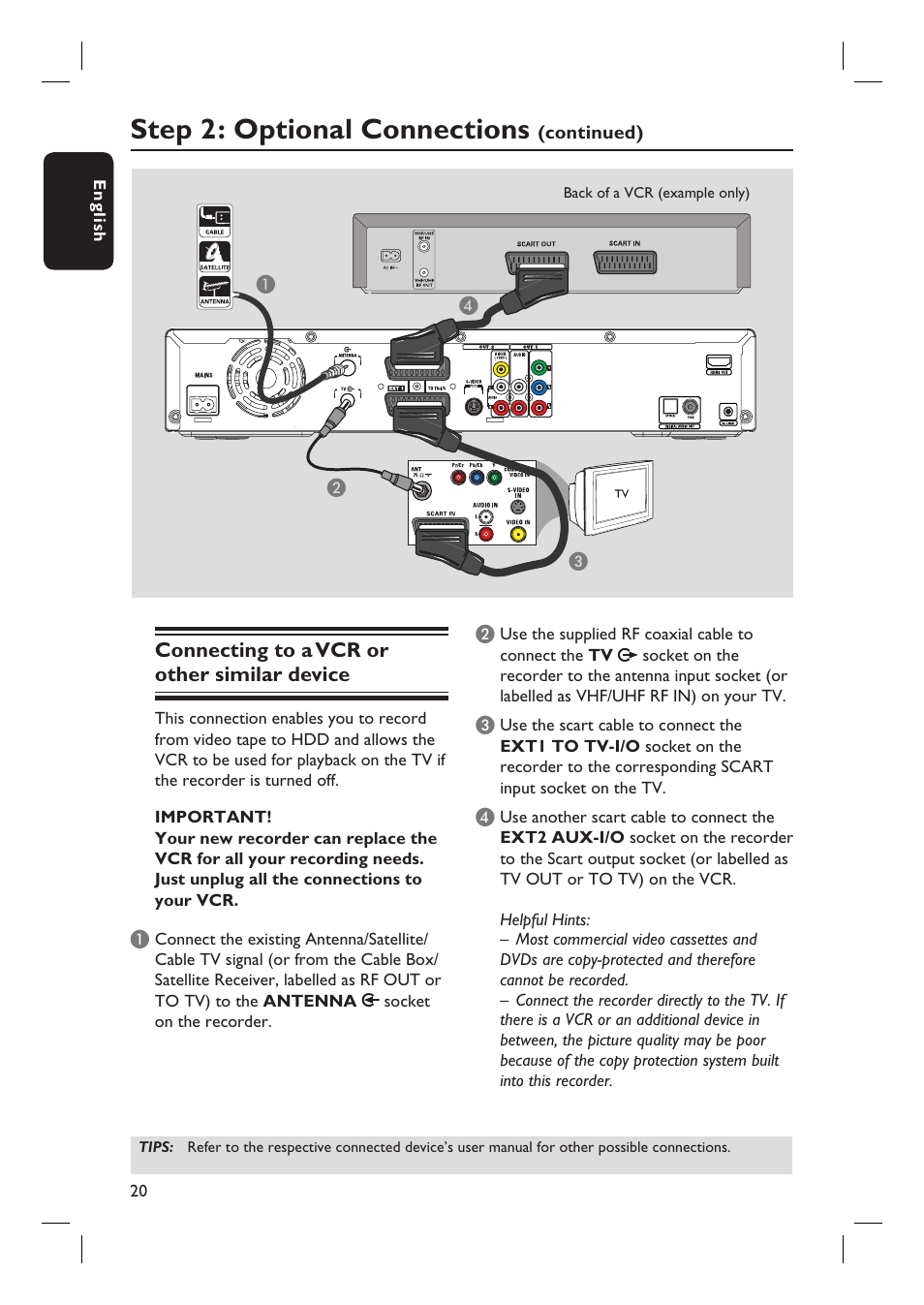 Step 2: optional connections | Philips DVDR7310H User Manual | Page 20 / 98