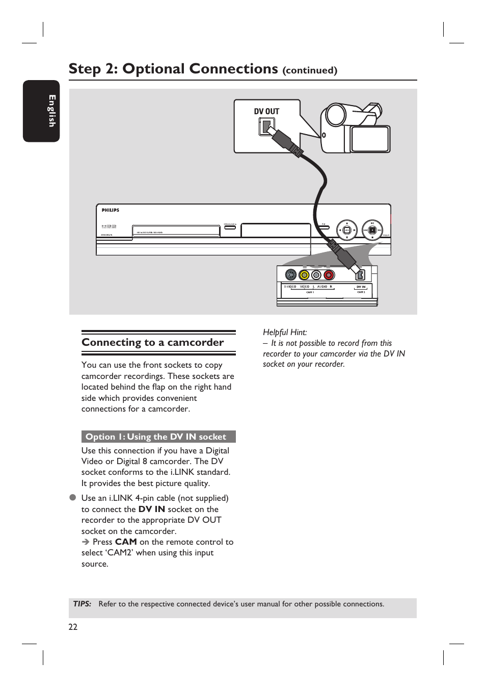 Step 2: optional connections | Philips DVDR7310H User Manual | Page 22 / 98