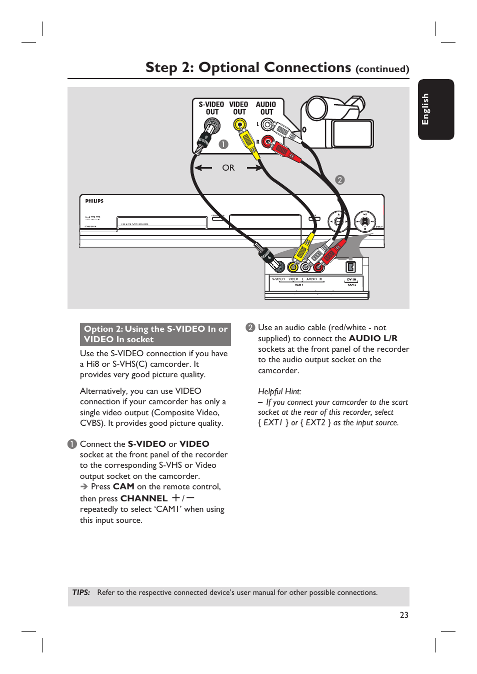 Step 2: optional connections | Philips DVDR7310H User Manual | Page 23 / 98