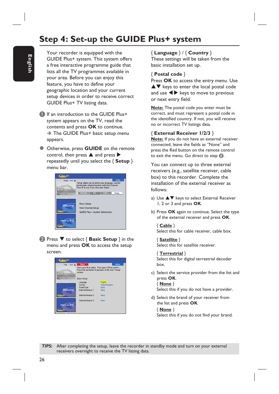 Step 4: set-up the guide plus+ system | Philips DVDR7310H User Manual | Page 26 / 98