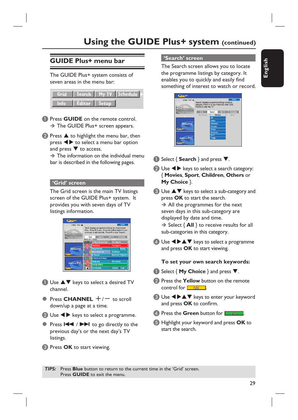 Using the guide plus+ system, Guide plus+ menu bar | Philips DVDR7310H User Manual | Page 29 / 98