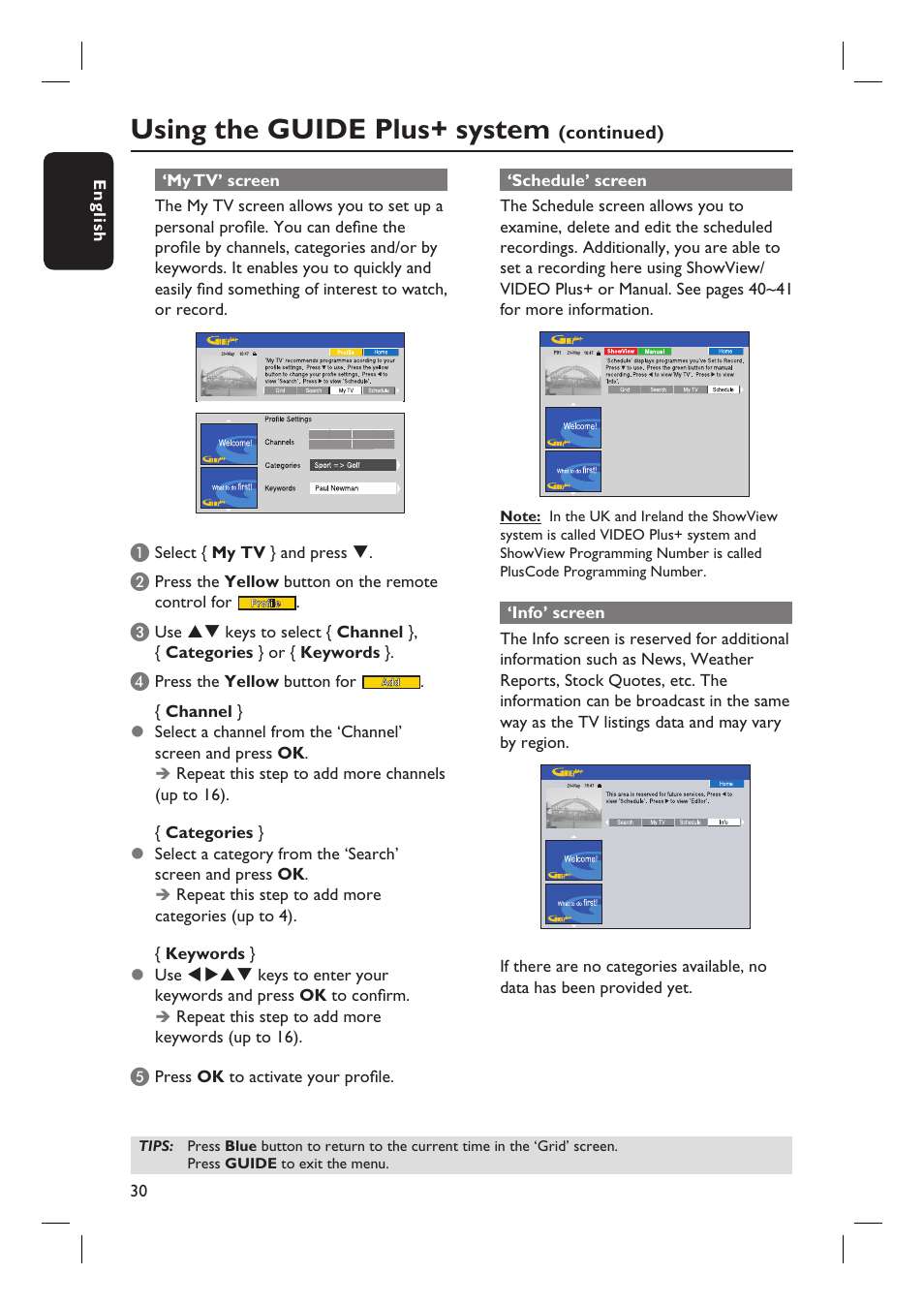 Using the guide plus+ system | Philips DVDR7310H User Manual | Page 30 / 98