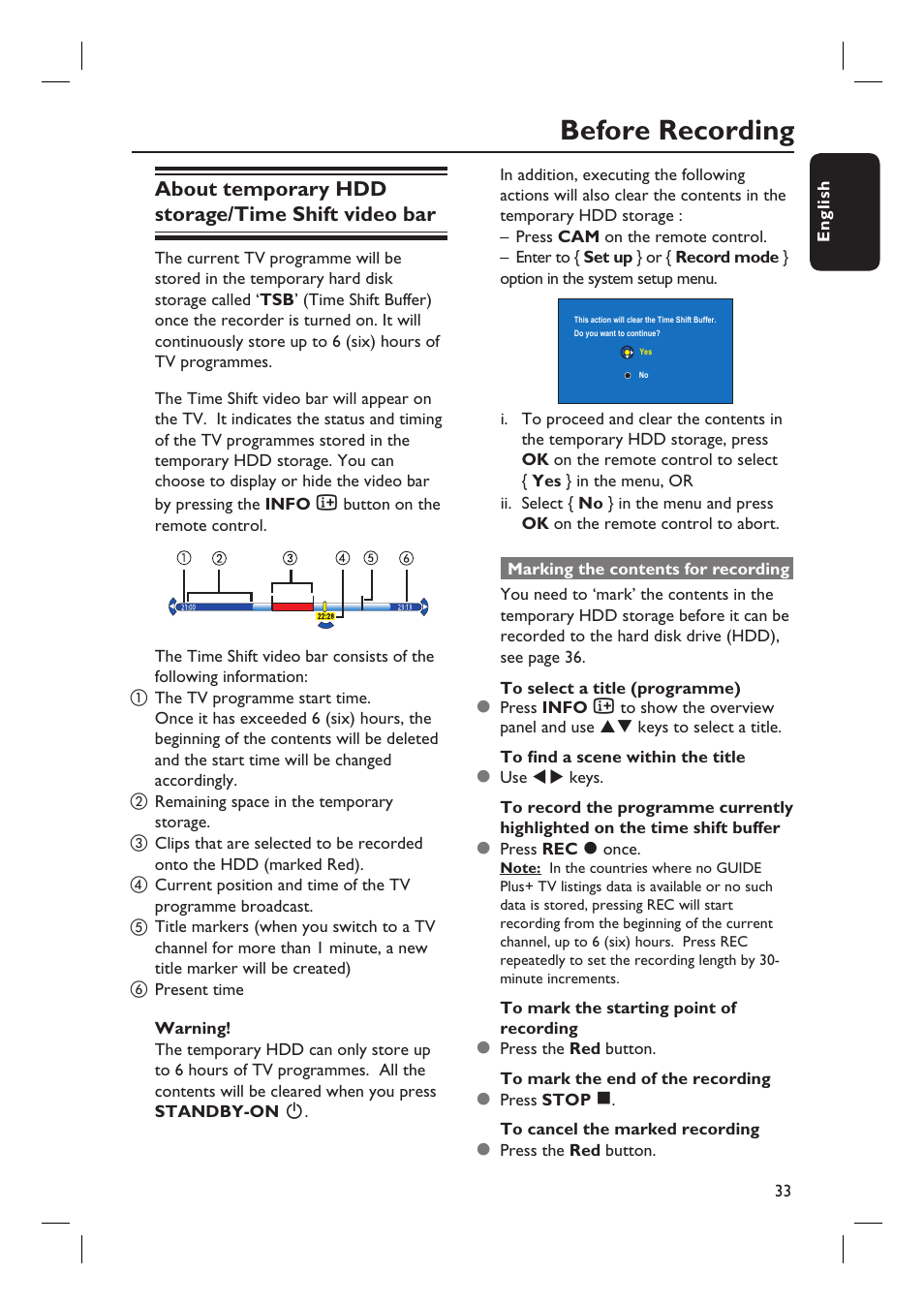 Before recording, About temporary hdd storage/time shift video bar | Philips DVDR7310H User Manual | Page 33 / 98