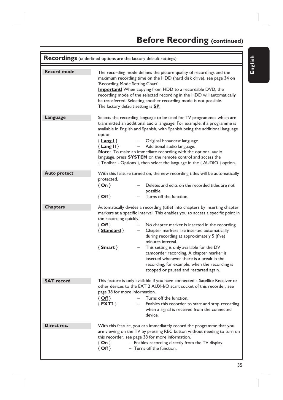 Before recording, Recordings, Continued) | Philips DVDR7310H User Manual | Page 35 / 98