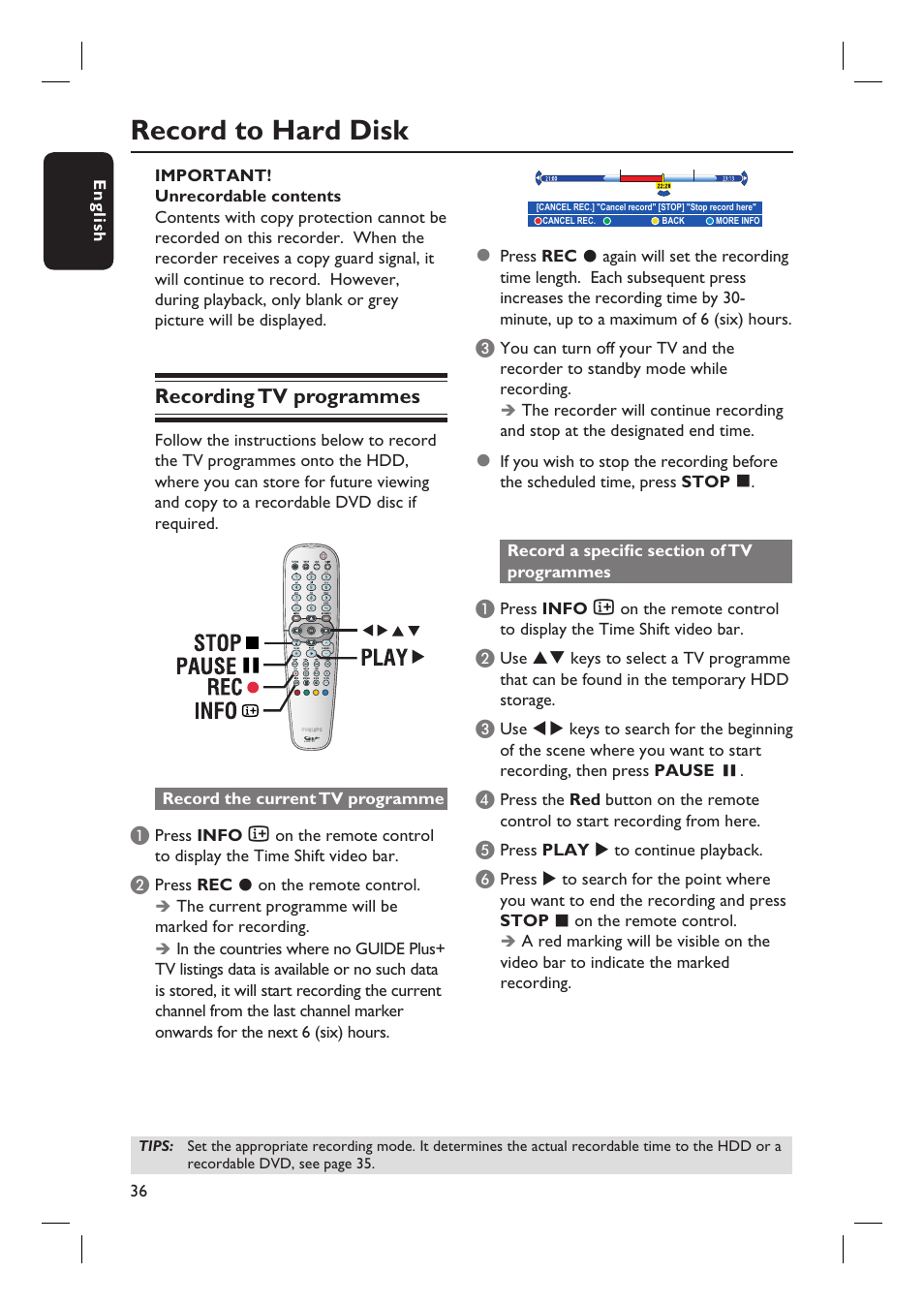 Record to hard disk, Recording tv programmes | Philips DVDR7310H User Manual | Page 36 / 98