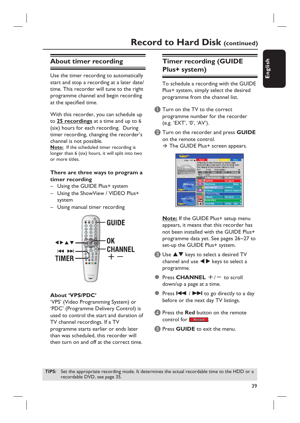 Record to hard disk | Philips DVDR7310H User Manual | Page 39 / 98