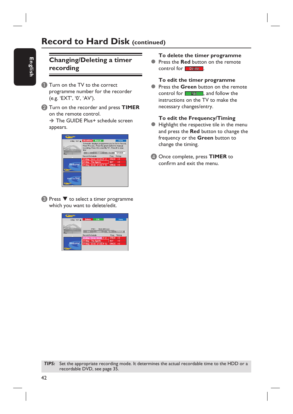 Record to hard disk | Philips DVDR7310H User Manual | Page 42 / 98