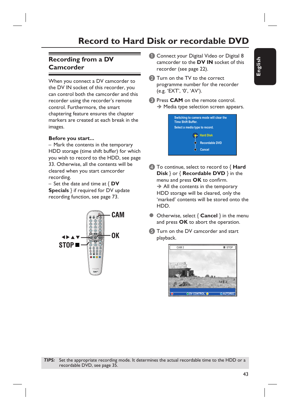 Record to hard disk or recordable dvd, Recording from a dv camcorder | Philips DVDR7310H User Manual | Page 43 / 98