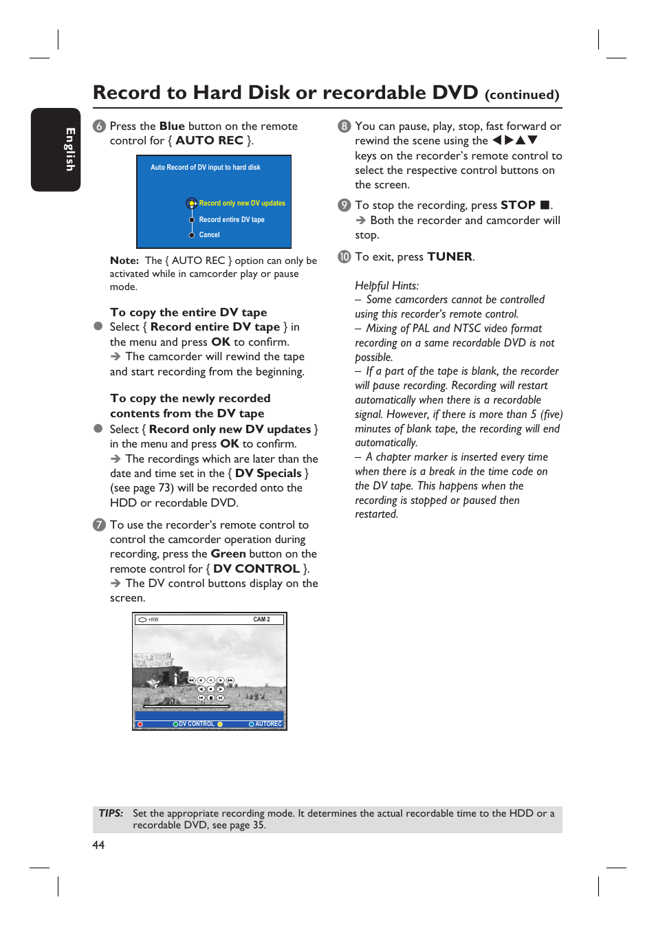 Record to hard disk or recordable dvd | Philips DVDR7310H User Manual | Page 44 / 98