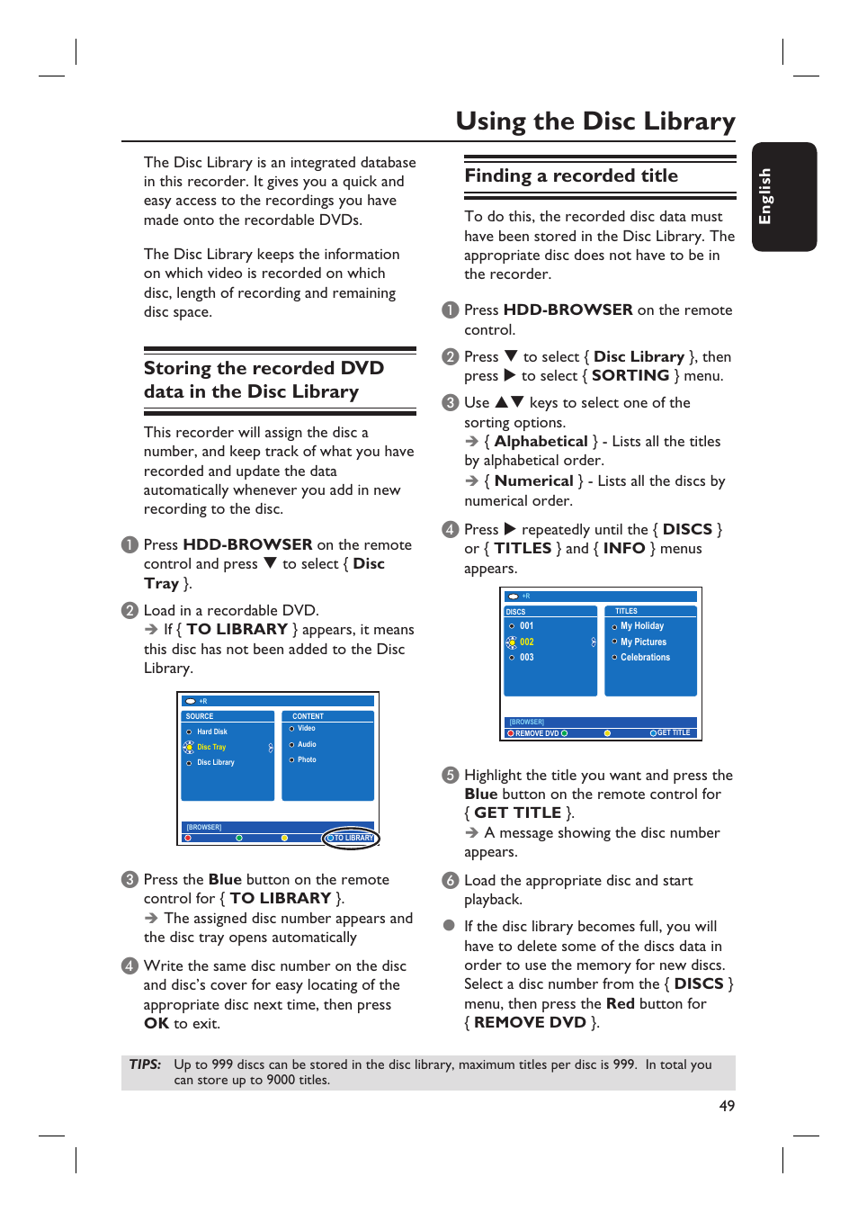 Using the disc library, Storing the recorded dvd data in the disc library, Finding a recorded title | Philips DVDR7310H User Manual | Page 49 / 98