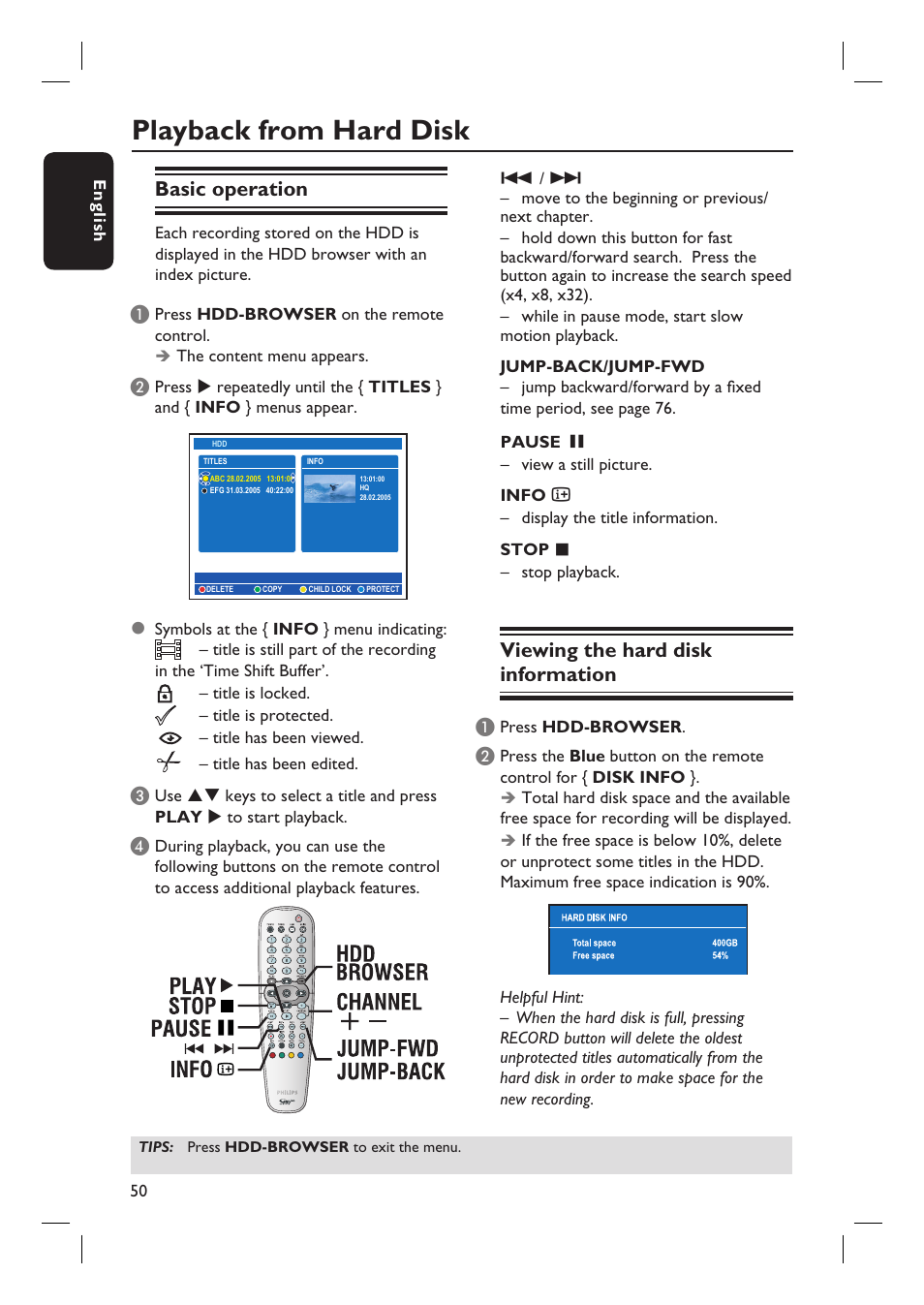 Playback from hard disk, Basic operation, Viewing the hard disk information | Philips DVDR7310H User Manual | Page 50 / 98