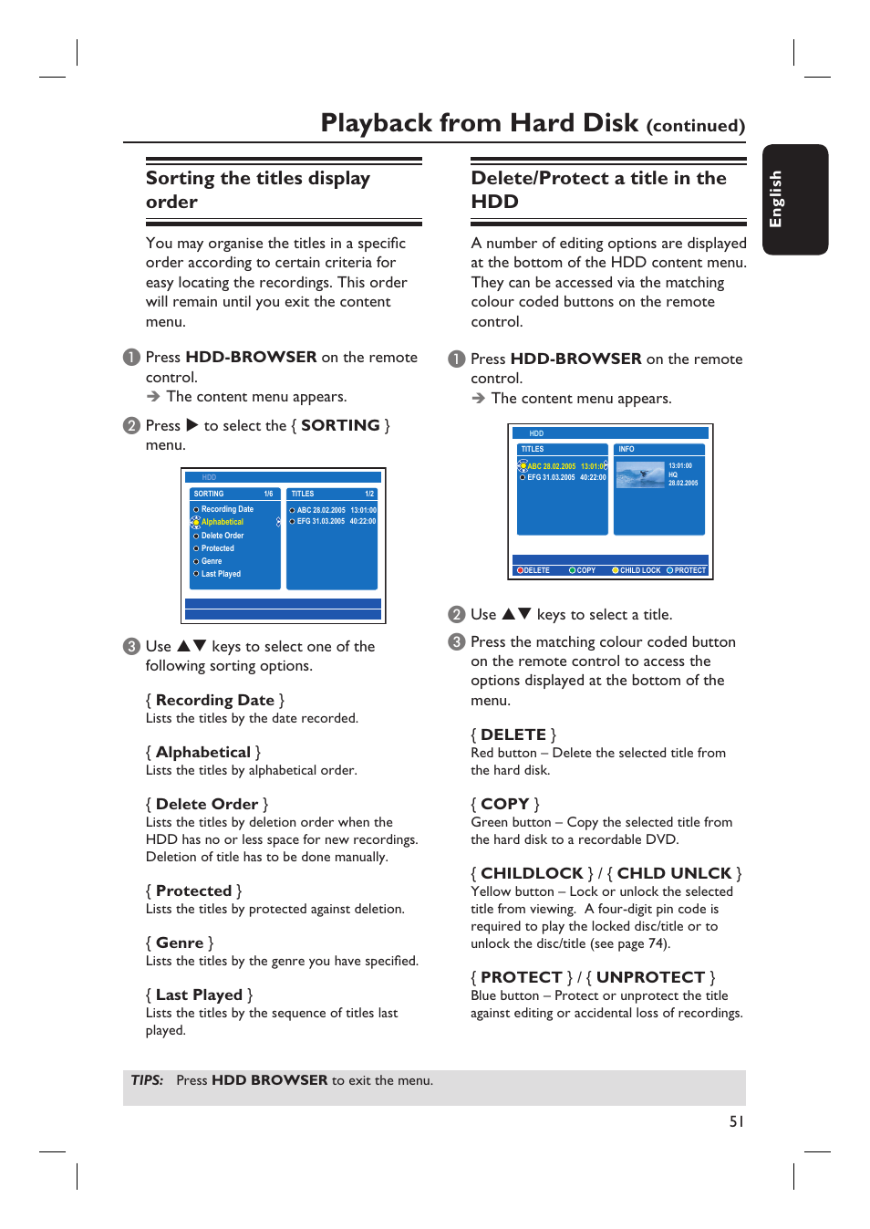Playback from hard disk, Sorting the titles display order, Delete/protect a title in the hdd | Continued) | Philips DVDR7310H User Manual | Page 51 / 98