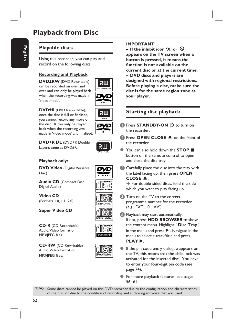 Playback from disc, Playable discs, Starting disc playback | Philips DVDR7310H User Manual | Page 52 / 98