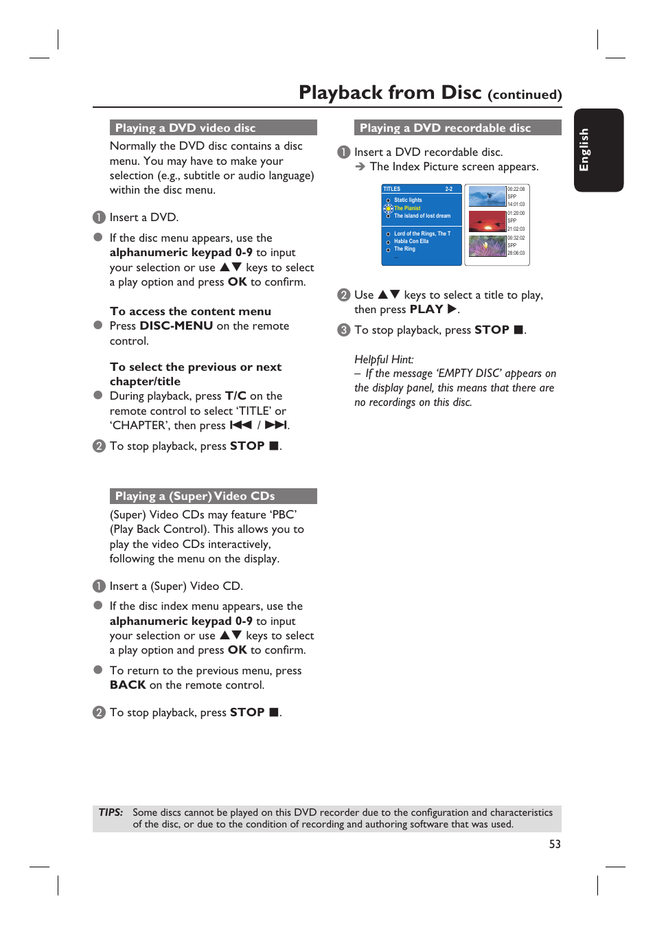 Playback from disc | Philips DVDR7310H User Manual | Page 53 / 98