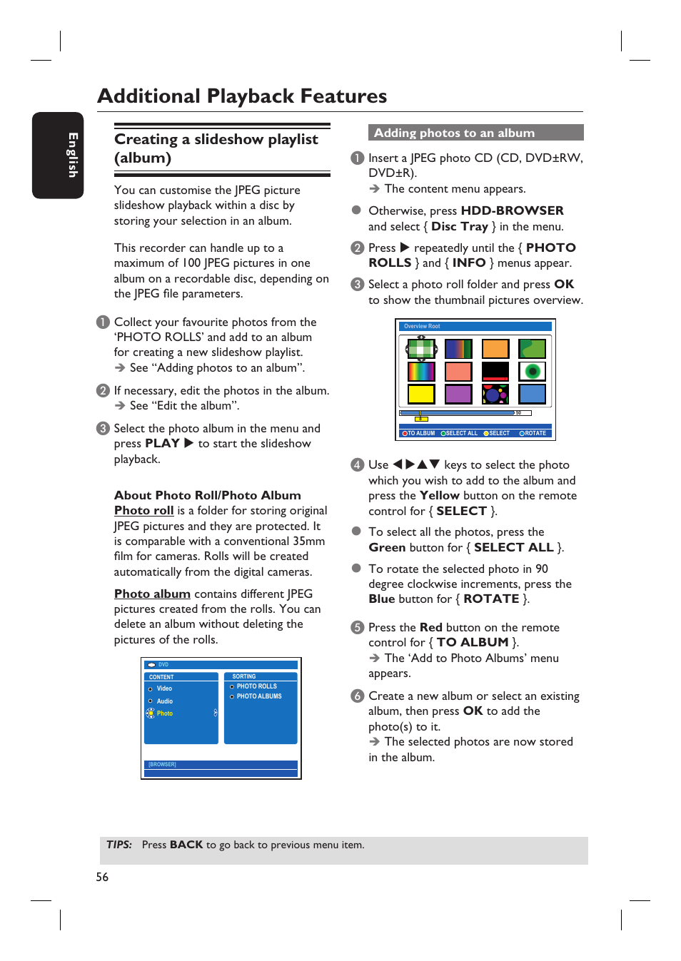 Additional playback features, Creating a slideshow playlist (album) | Philips DVDR7310H User Manual | Page 56 / 98