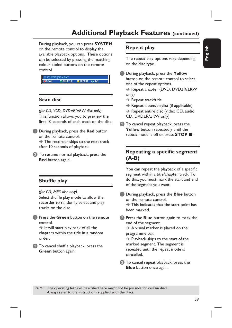 Additional playback features, Scan disc, Shuffl e play | Repeat play, Repeating a specifi c segment (a-b) | Philips DVDR7310H User Manual | Page 59 / 98