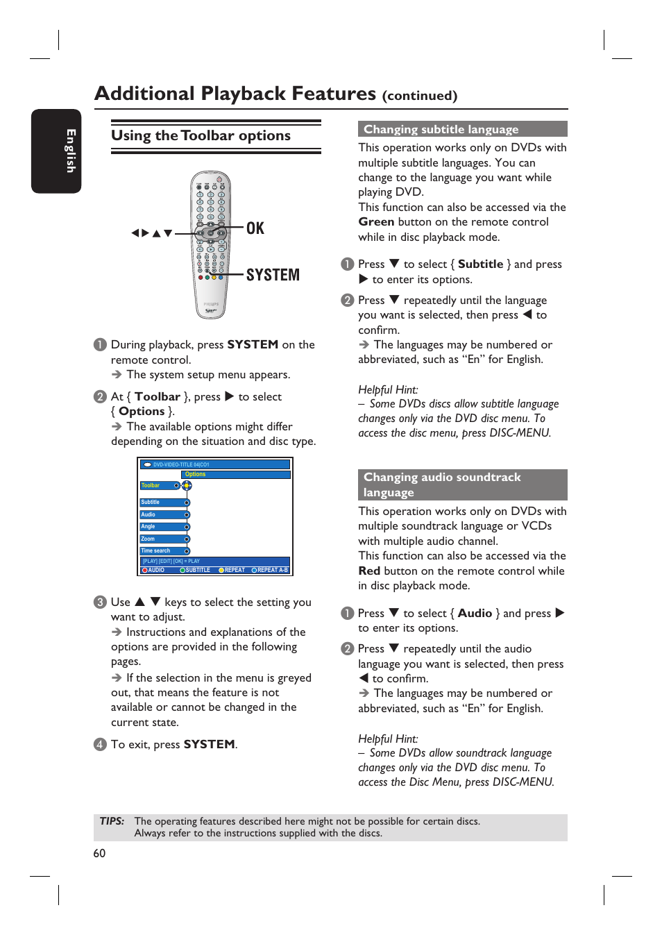 Additional playback features, Using the toolbar options | Philips DVDR7310H User Manual | Page 60 / 98