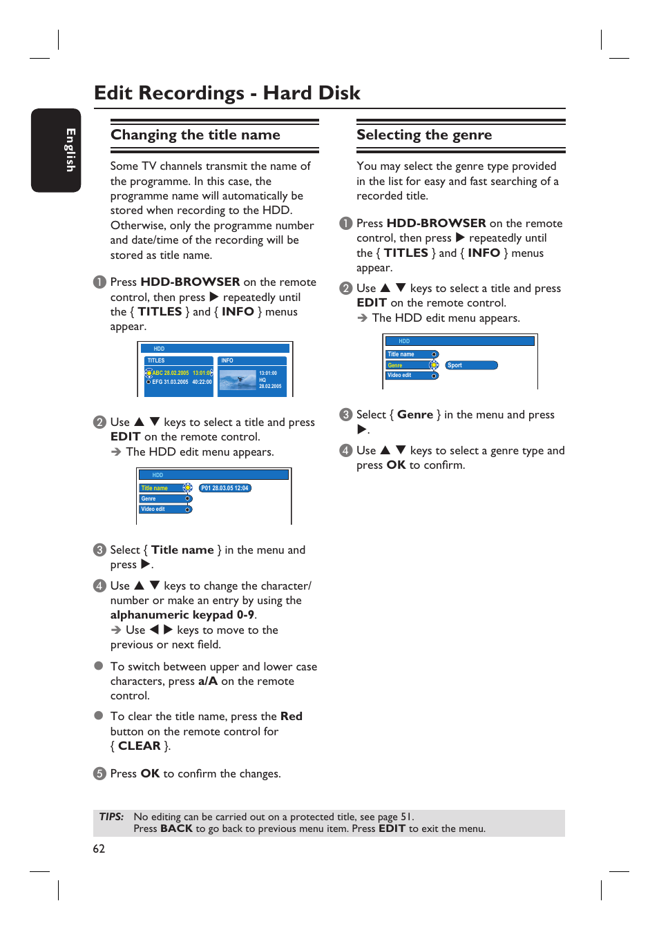 Edit recordings - hard disk, Changing the title name, Selecting the genre | Philips DVDR7310H User Manual | Page 62 / 98