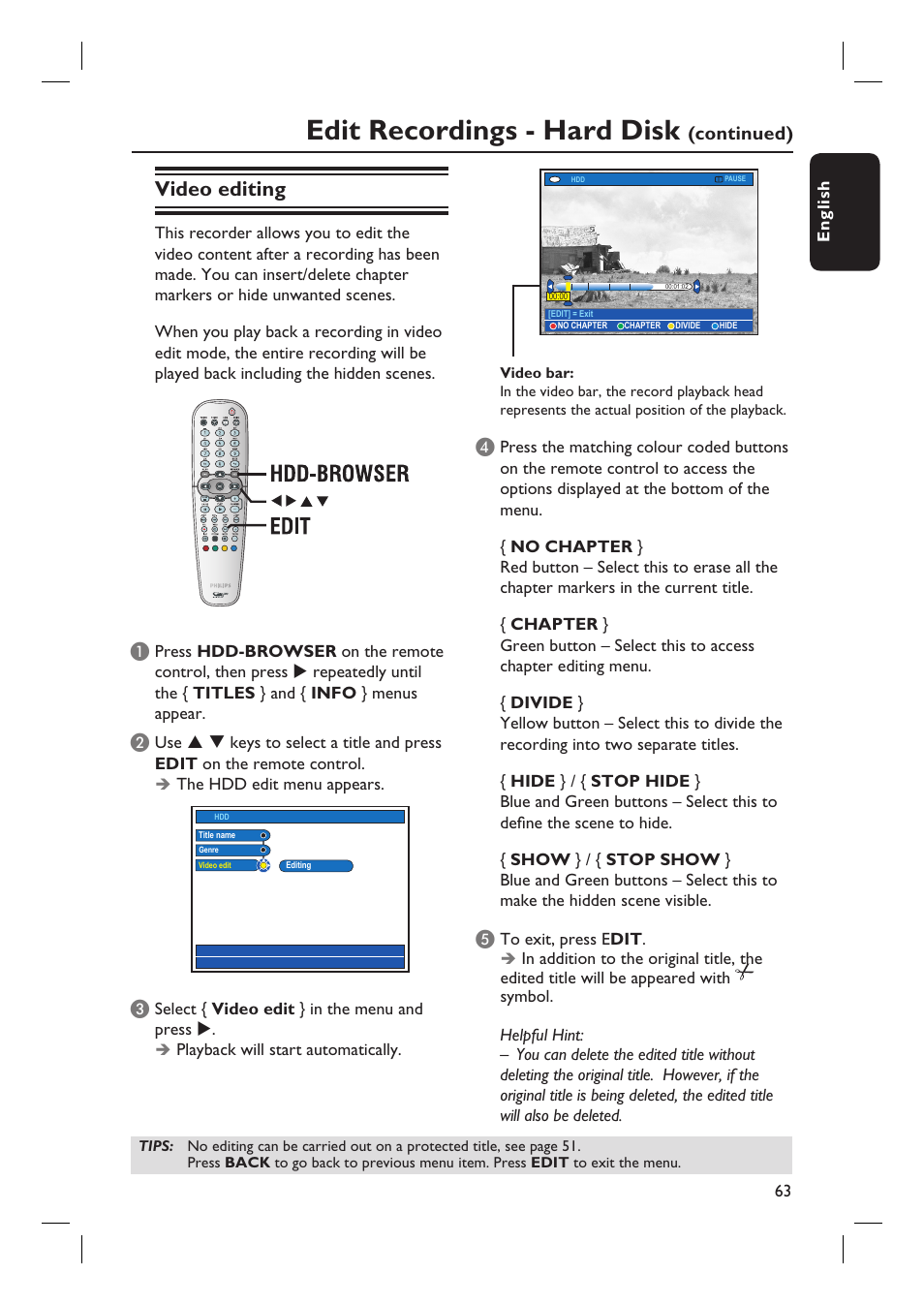 Edit recordings - hard disk, Video editing, Continued) | Philips DVDR7310H User Manual | Page 63 / 98