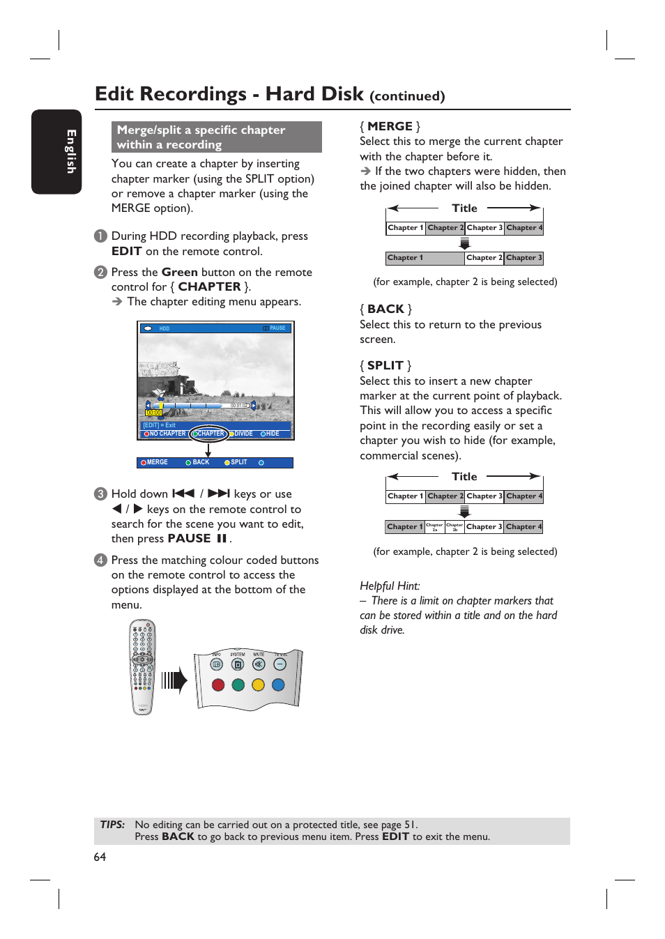 Edit recordings - hard disk, Continued) | Philips DVDR7310H User Manual | Page 64 / 98