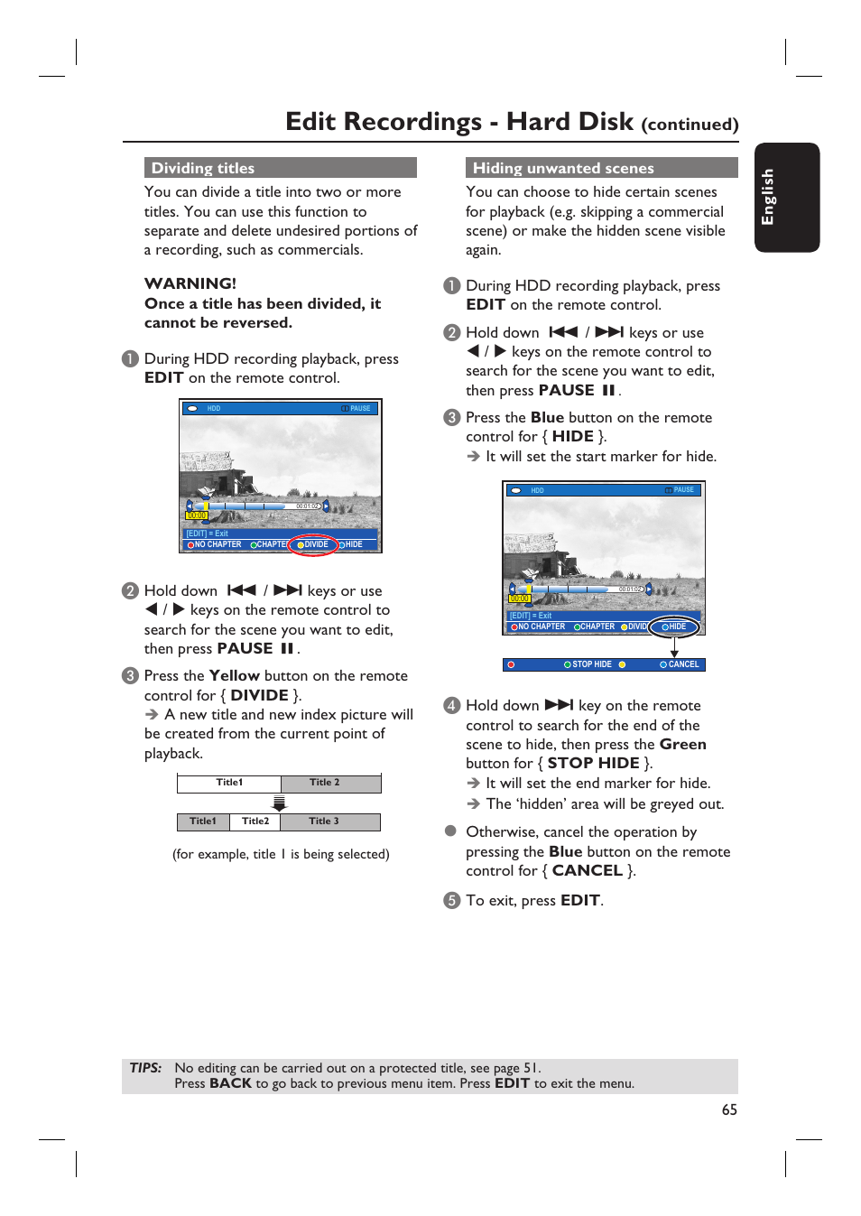 Edit recordings - hard disk, Continued) | Philips DVDR7310H User Manual | Page 65 / 98