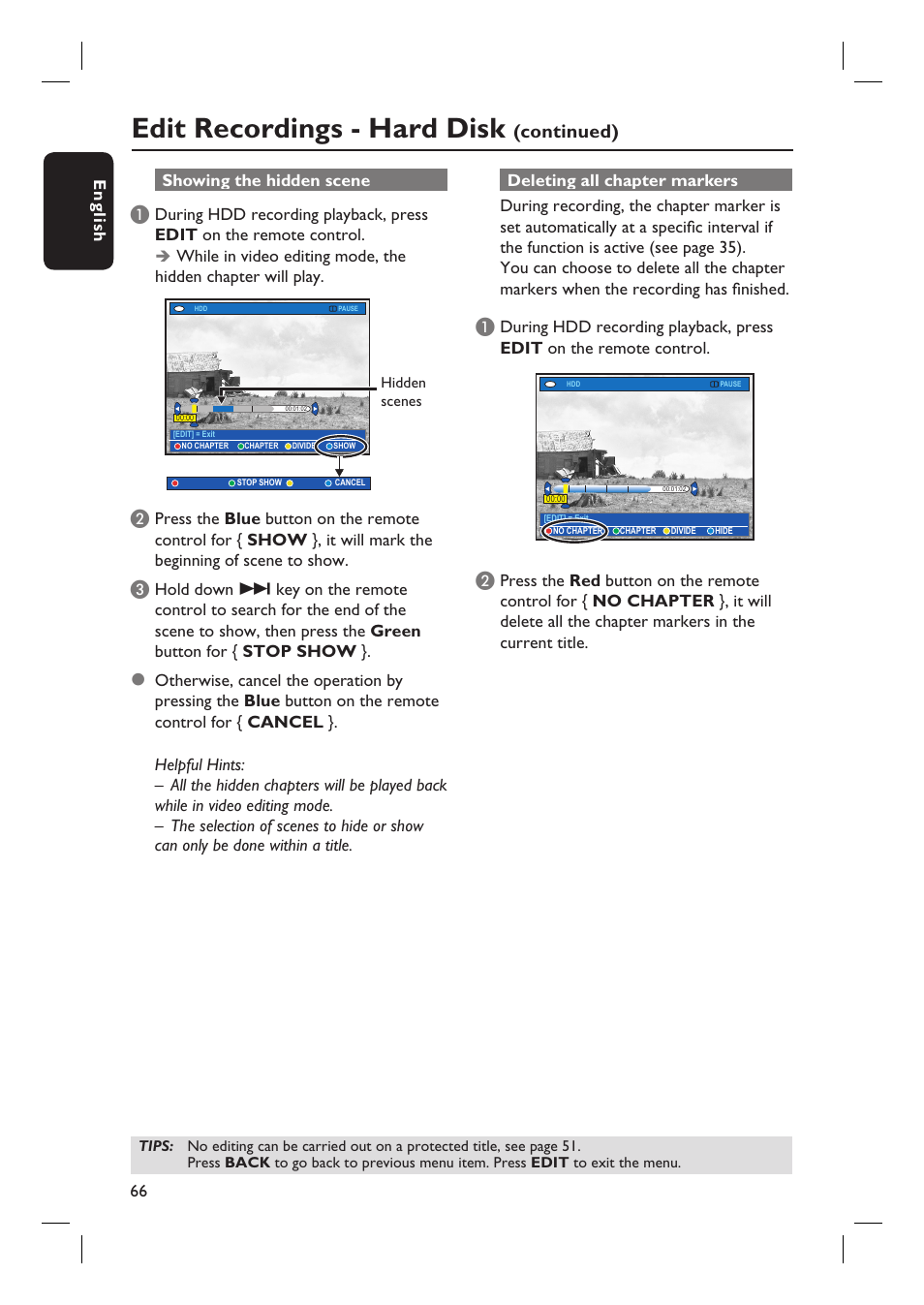 Edit recordings - hard disk, Continued) | Philips DVDR7310H User Manual | Page 66 / 98