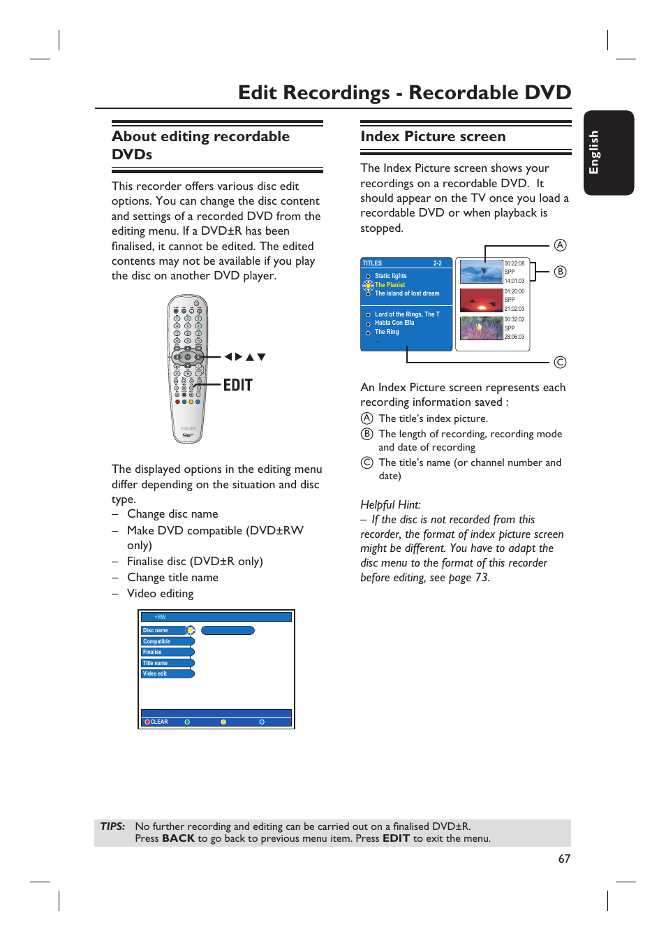 Edit recordings - recordable dvd, About editing recordable dvds, Index picture screen | English 67 | Philips DVDR7310H User Manual | Page 67 / 98