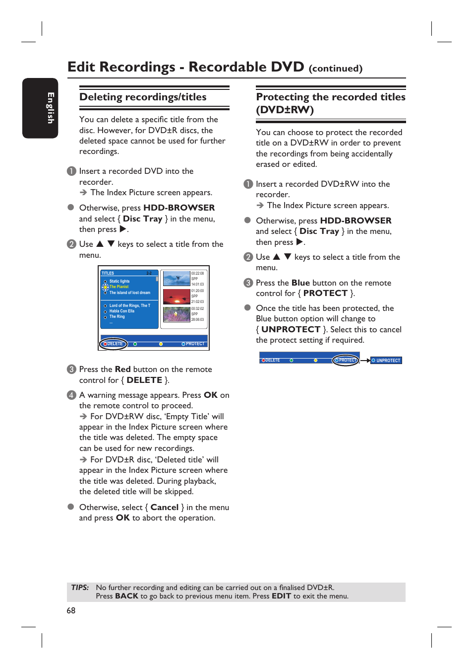 Edit recordings - recordable dvd, Deleting recordings/titles, Protecting the recorded titles (dvd±rw) | Philips DVDR7310H User Manual | Page 68 / 98